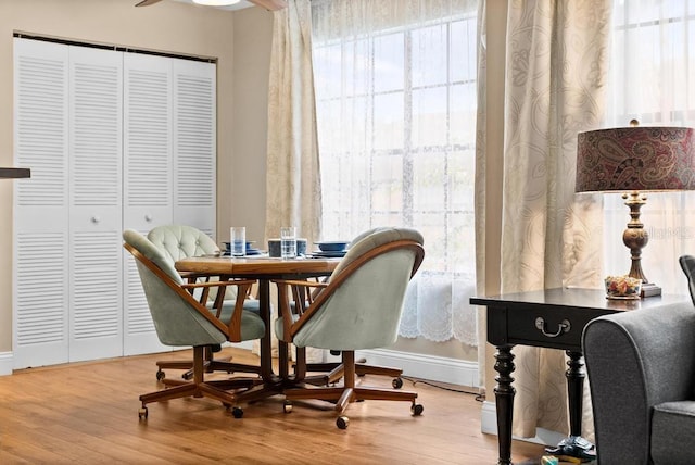 living area featuring ceiling fan and light wood-type flooring