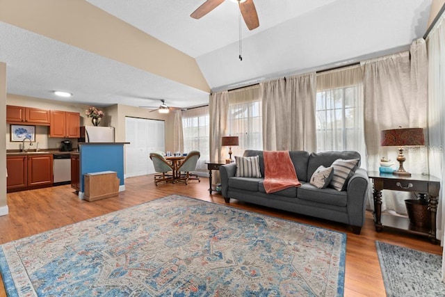 living room featuring a healthy amount of sunlight, lofted ceiling, sink, and light wood-type flooring