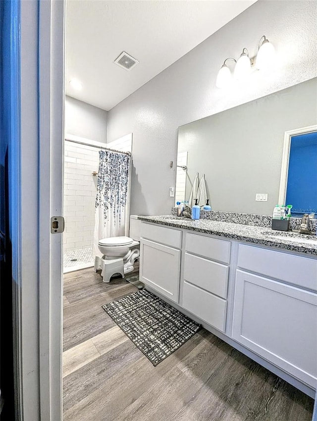 bathroom with wood-type flooring, toilet, vanity, and a shower with curtain