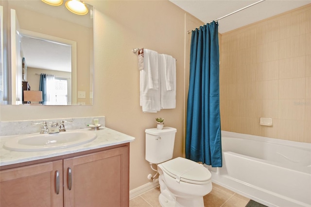 full bathroom featuring tile patterned floors, toilet, shower / tub combo, and vanity