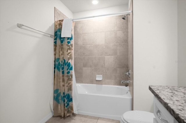 full bathroom with vanity, tile patterned floors, shower / bath combination with curtain, and toilet