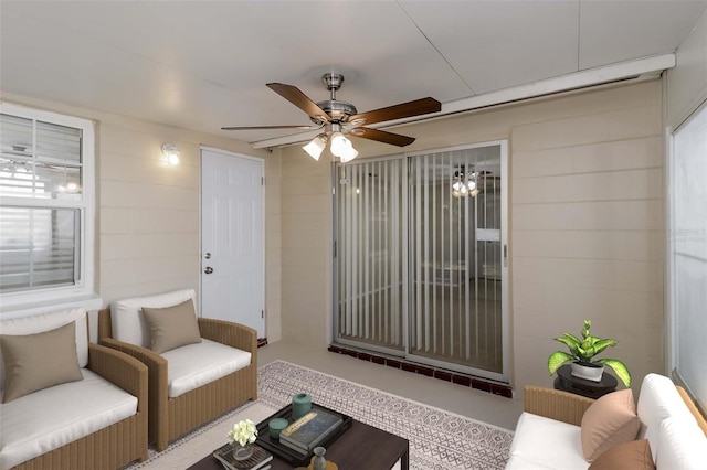 living room featuring ceiling fan