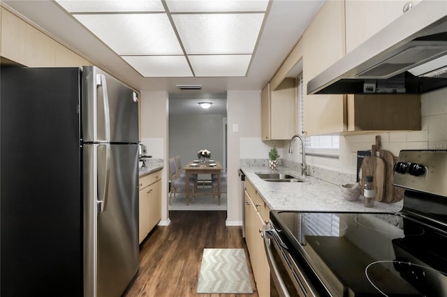 kitchen featuring dark hardwood / wood-style flooring, stainless steel appliances, tasteful backsplash, sink, and ventilation hood