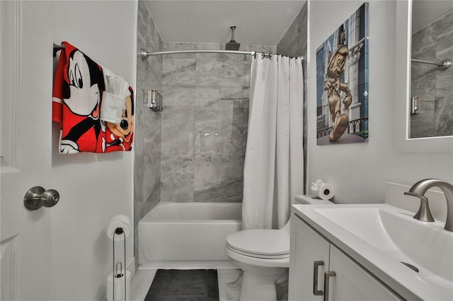 full bathroom with vanity, toilet, and shower / bath combo with shower curtain