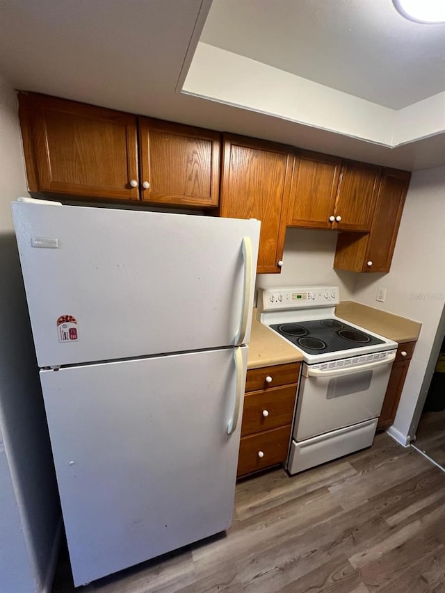 kitchen featuring wood-type flooring, white appliances, and a raised ceiling