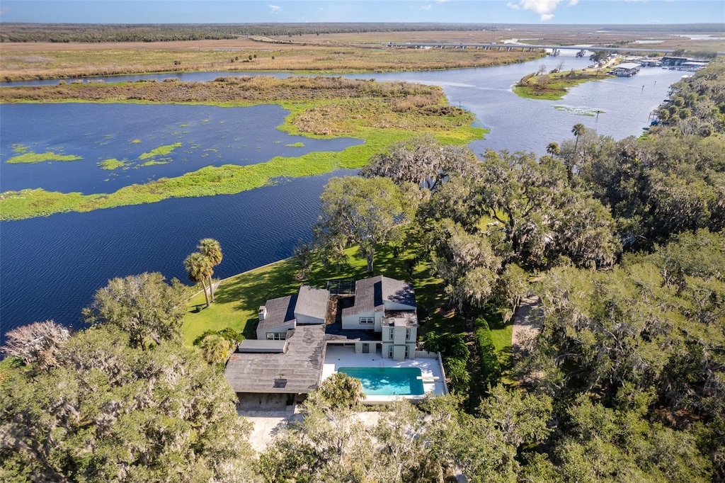 aerial view featuring a water view