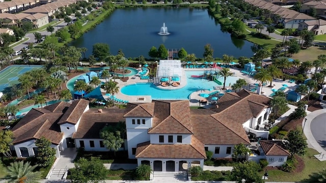 drone / aerial view with a water view