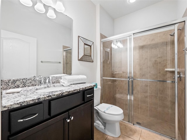 bathroom featuring walk in shower, tile patterned floors, vanity, and toilet