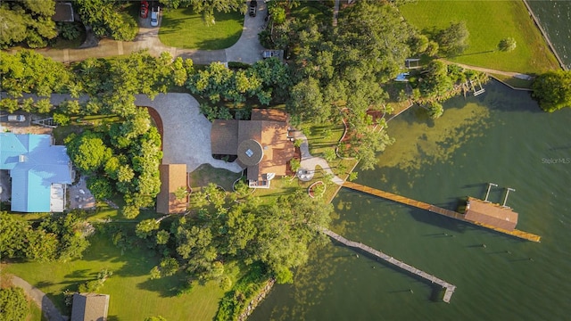 drone / aerial view featuring a water view