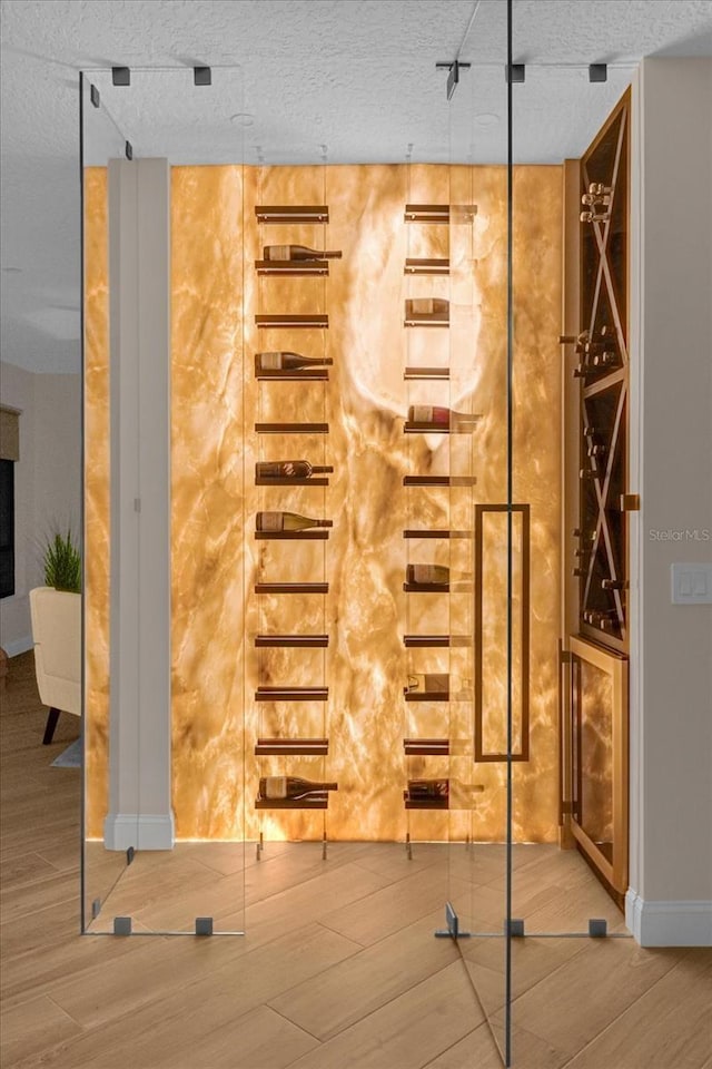 wine area with hardwood / wood-style flooring and a textured ceiling