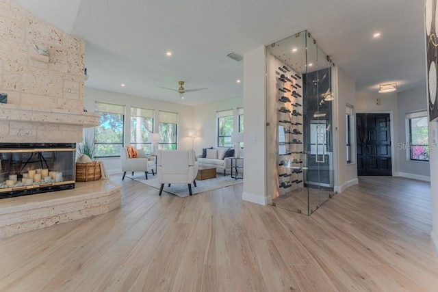 living room featuring a stone fireplace and light hardwood / wood-style flooring