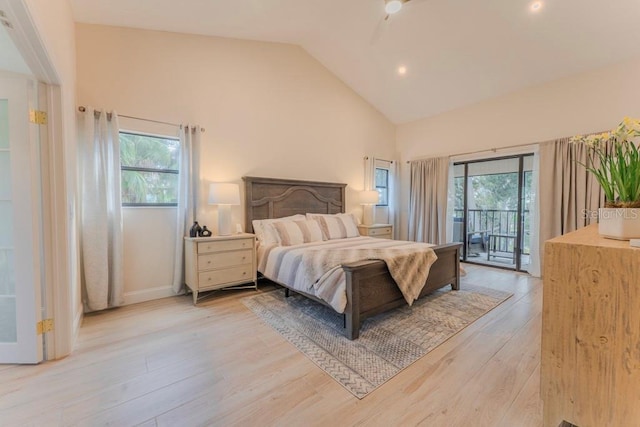 bedroom featuring high vaulted ceiling, access to exterior, and light wood-type flooring