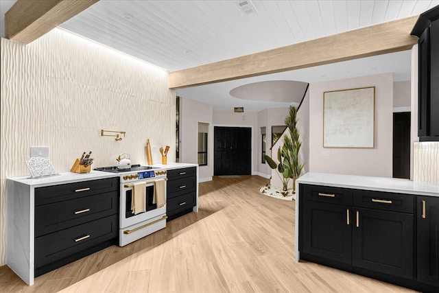 kitchen with beam ceiling, light hardwood / wood-style floors, and white range with electric stovetop