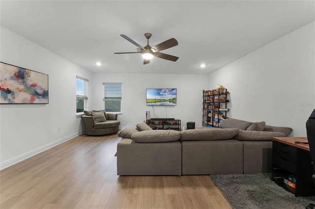 living room with ceiling fan and light wood-type flooring