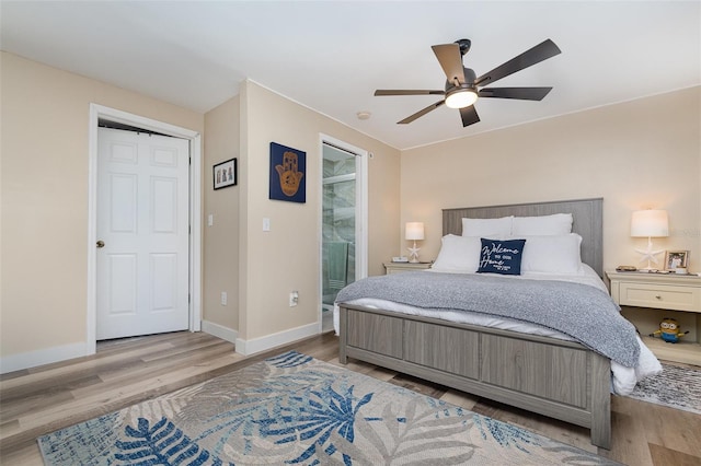 bedroom with ceiling fan and light hardwood / wood-style flooring