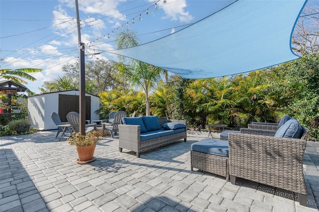 view of patio featuring an outdoor hangout area and a storage unit