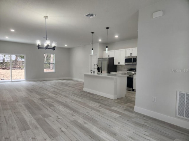 kitchen featuring sink, appliances with stainless steel finishes, an island with sink, white cabinets, and decorative light fixtures