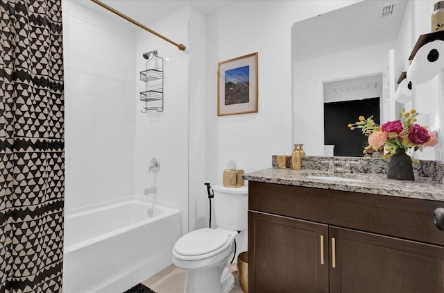 bathroom with toilet, bathtub / shower combination, vanity, and visible vents