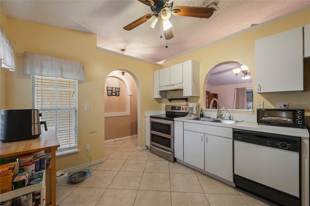 kitchen featuring sink, white cabinetry, a textured ceiling, double oven range, and dishwasher