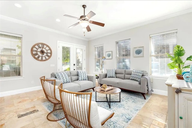 living room featuring ornamental molding, ceiling fan, and french doors