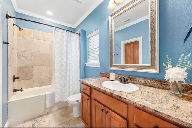 full bathroom featuring shower / tub combo, visible vents, toilet, ornamental molding, and vanity