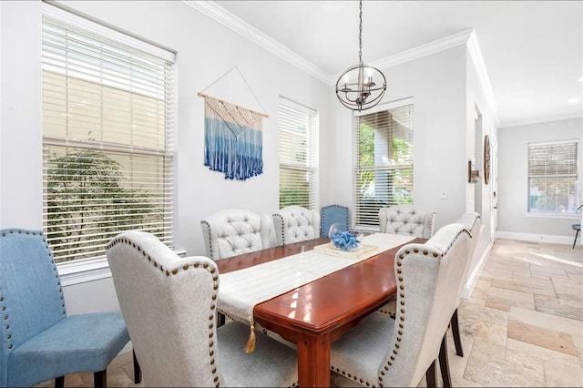 dining space featuring stone tile flooring, ornamental molding, a healthy amount of sunlight, a chandelier, and baseboards