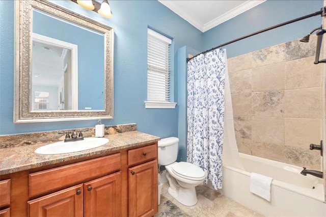 bathroom with toilet, shower / tub combo, ornamental molding, and vanity