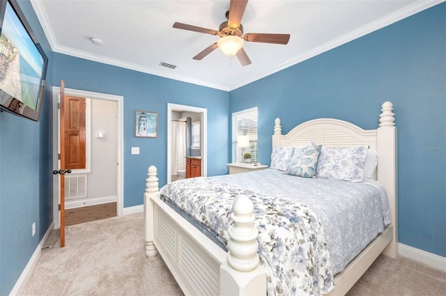 bedroom featuring light carpet, ornamental molding, visible vents, and baseboards