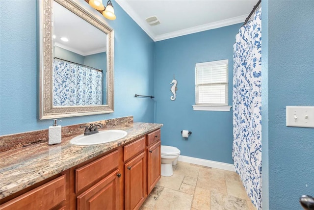 bathroom featuring stone tile flooring, visible vents, ornamental molding, vanity, and baseboards