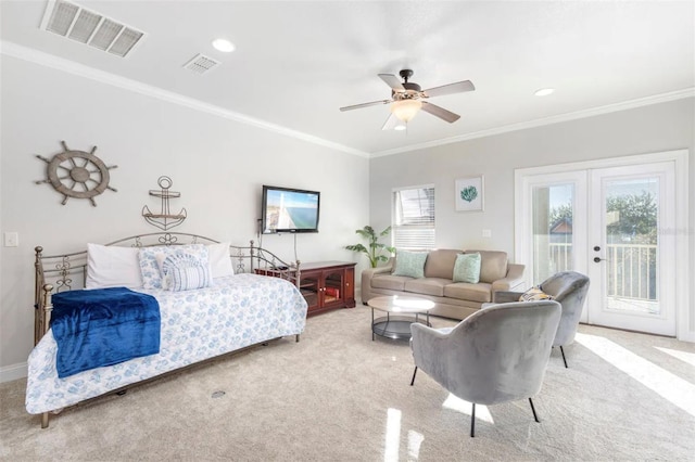 bedroom with access to exterior, light colored carpet, visible vents, and ornamental molding