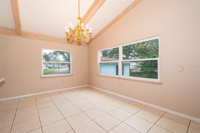 unfurnished room with light tile patterned flooring, a healthy amount of sunlight, beam ceiling, and an inviting chandelier