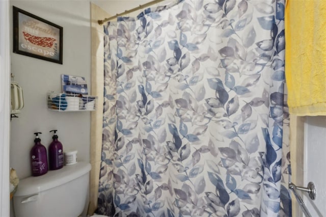 bathroom with toilet and a shower with shower curtain