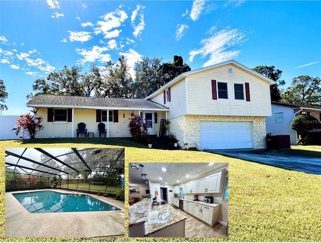 view of front facade with a lanai, a garage, area for grilling, and a front yard