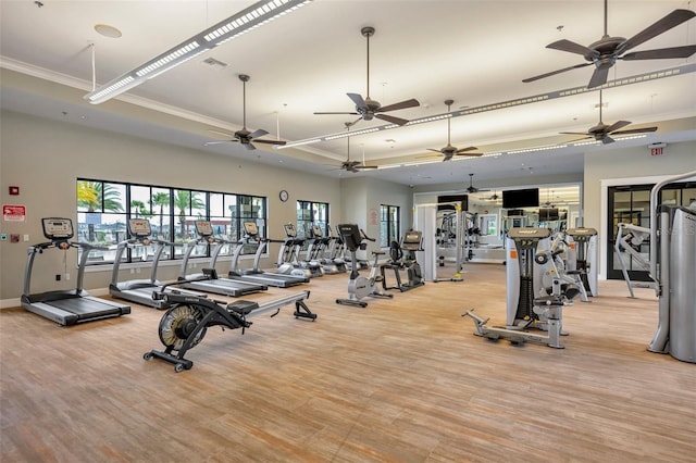 workout area featuring ornamental molding and light wood-type flooring