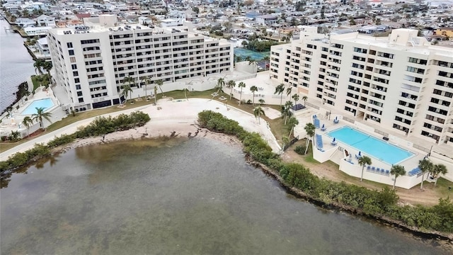 drone / aerial view with a water view