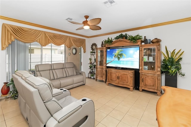 living room with ornamental molding, ceiling fan, and light tile patterned flooring