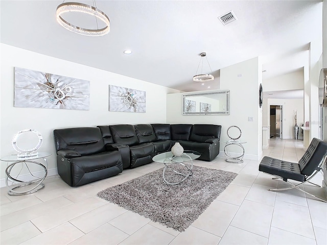 tiled living room with vaulted ceiling