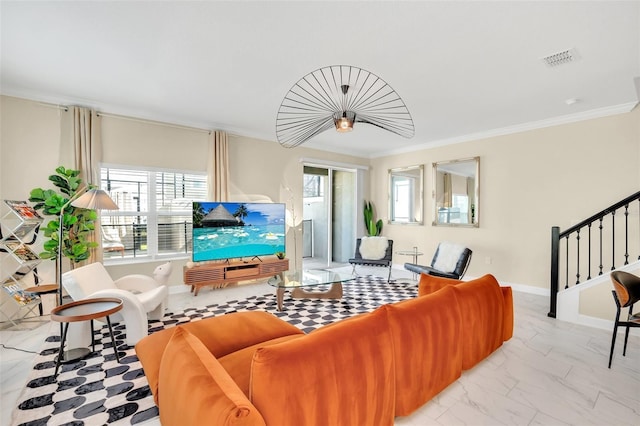 living room with crown molding