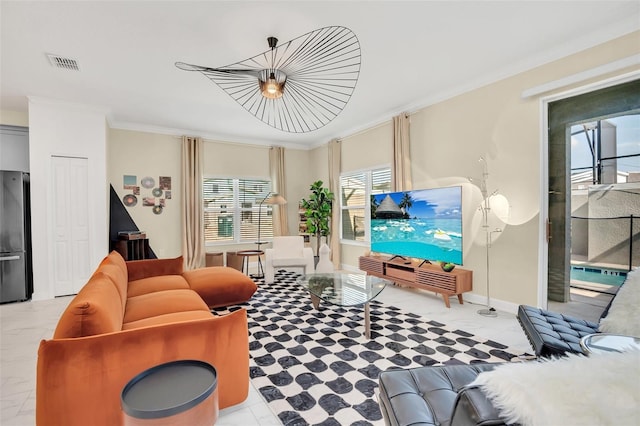 living room featuring ornamental molding