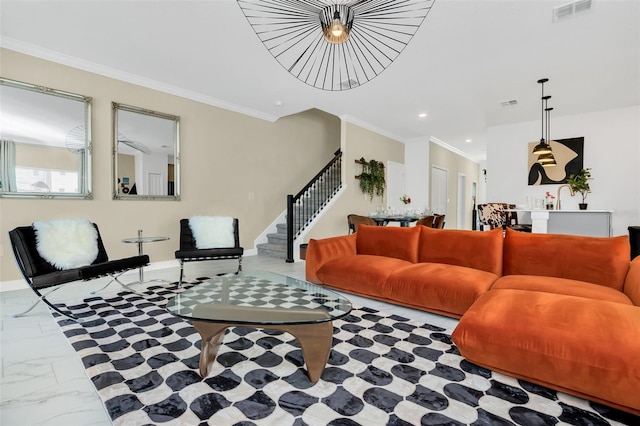 living room with ornamental molding