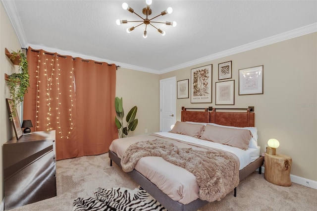 bedroom with ornamental molding, light colored carpet, a textured ceiling, and an inviting chandelier