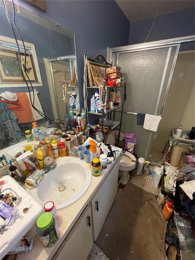 bathroom with an enclosed shower, vanity, and toilet