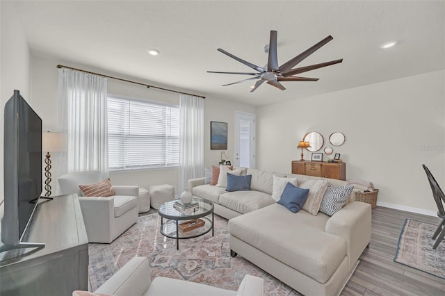 living room with ceiling fan and light wood-type flooring