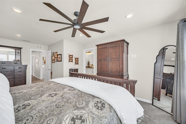 carpeted bedroom with ceiling fan