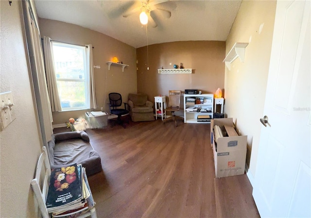 miscellaneous room with lofted ceiling, wood-type flooring, and ceiling fan