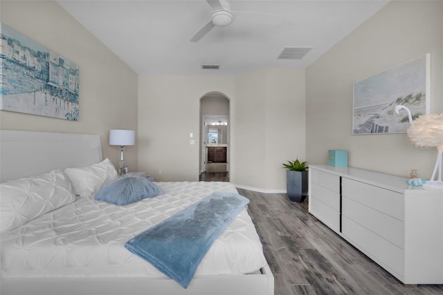 bedroom with ceiling fan and wood-type flooring