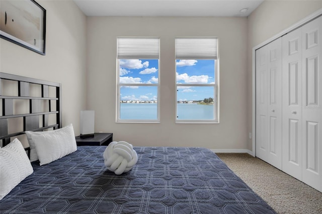 bedroom featuring a water view and a closet