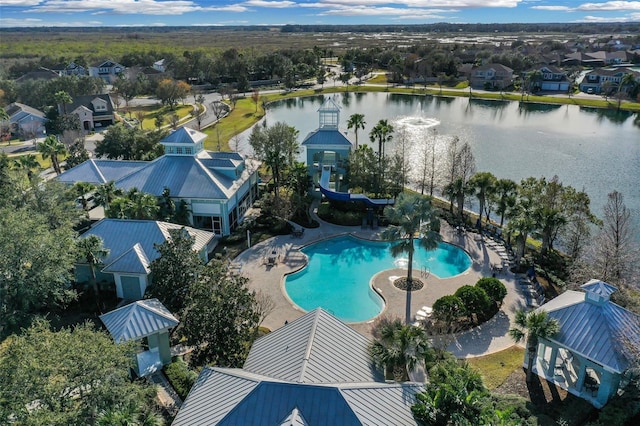 drone / aerial view with a water view