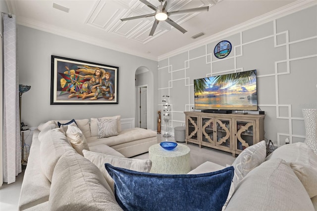 living room with crown molding and ceiling fan