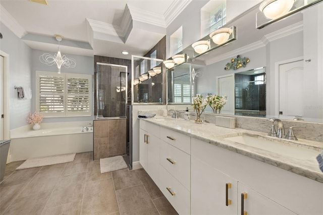 bathroom with vanity, crown molding, tile patterned floors, and separate shower and tub